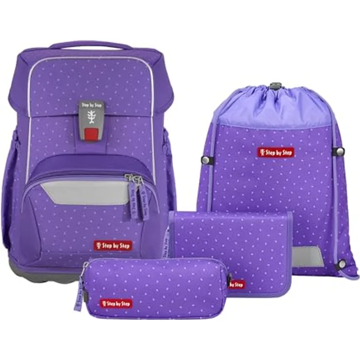 Step by Step Basis Schulranzen-Set „Purple Konfetti“, ergonomischer Tornister 20L mit Reflektoren, Hüft- und Brustgurt, 4-teilig, lila für Kinder ab der 1. Klasse