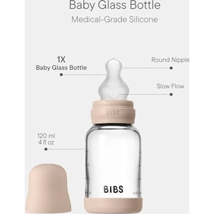 BIBS Baby Glasflasche 120ml, runder Silikonsauger, kolikenreduzierend, Blush, hergestellt in Dänemark – Bild 2