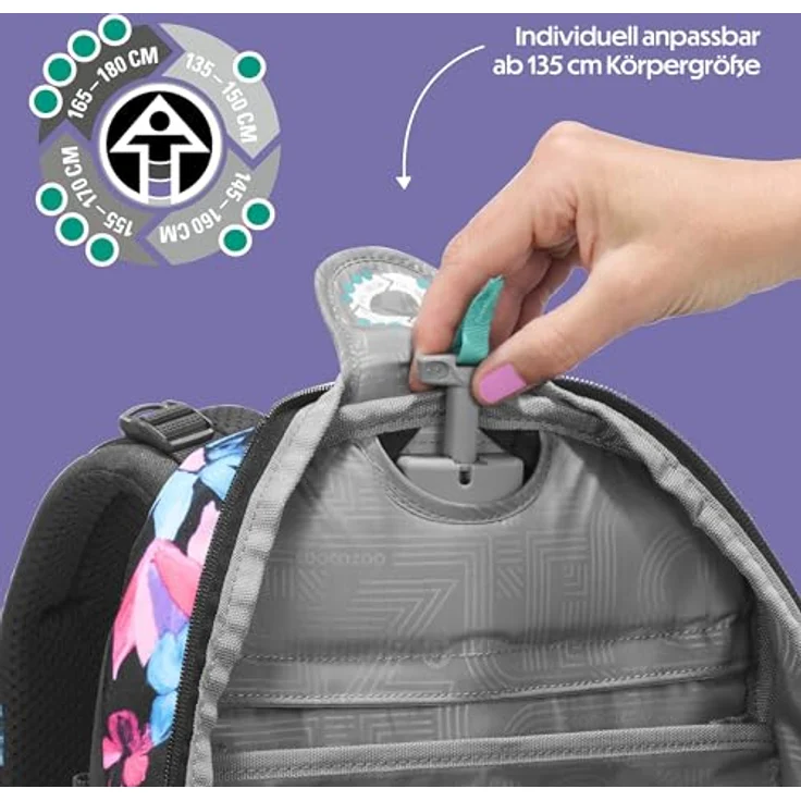 Coocazoo MATE Schulrucksack „Floral Artnight”, ergonomisch und anpassbar, schwarz-blau, 30 Liter, höhenverstellbar, mit Brustgurt und Hüftgurt, ab der 3. Klasse – Bild 5