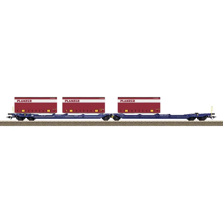 TRIX H0 T24474 Tragwagen DC, 6-achsiger Doppel-Taschenwagen in kobaltblau, beladen mit 3x 20ft Wechselbrücken, qualitativ aus Metall gefertigt
