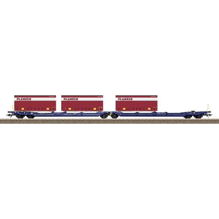 TRIX H0 T24474 Tragwagen DC, 6-achsiger Doppel-Taschenwagen in kobaltblau, beladen mit 3x 20ft Wechselbrücken, qualitativ aus Metall gefertigt