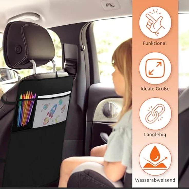 ECENCE Auto-Rückenlehnentasche 2x Rücksitz-Organizer, 50x70cm, wasserdicht, mit 2 großen Netztaschen, schwarz – Bild 2