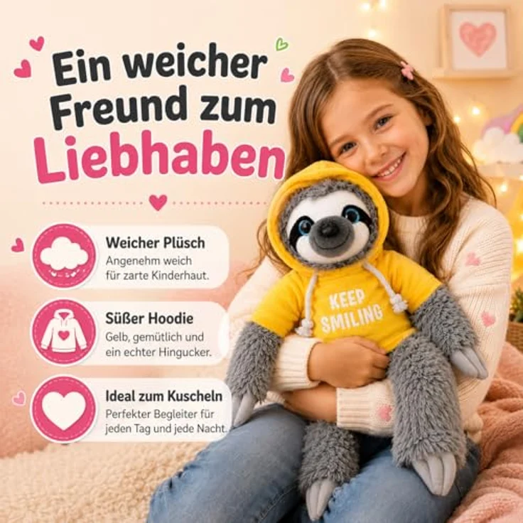 SOMA Faultier Kuscheltier XXL 40 cm grau, Plüschtier mit "Keep Smiling" Pullover in gelb, ideal als Geschenk für Kinder und Erwachsene – Bild 2