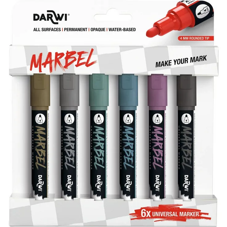 EXACOMPTA MARBEL Permanentmarker Set, 6 Acrylmarker mit Rundspitze 4mm, Metallic-Farben, für Papier, Holz, Metall, Kunststoff und Glas