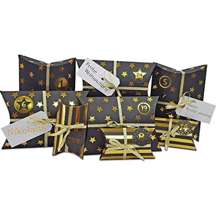 Frau WunderVoll® DIY Adventskalender zum Befüllen HoHoHo Metallic, matt schwarz, Gold/Weihnachtskalender Bastelset - Stabile Schachteln, 24 Adventskalenderzahlen, 4 Weihnachtsanhaenger, 18m Schleifenband