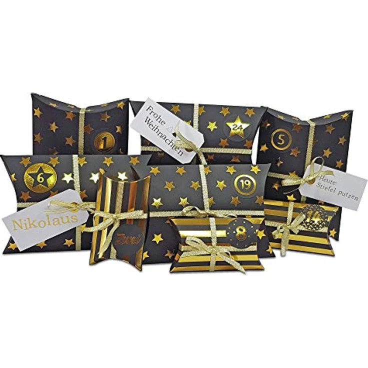 Frau WunderVoll® DIY Adventskalender zum Befüllen HoHoHo Metallic, matt schwarz, Gold/Weihnachtskalender Bastelset - Stabile Schachteln, 24 Adventskalenderzahlen, 4 Weihnachtsanhaenger, 18m Schleifenband – Bild 1