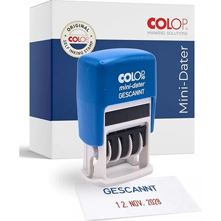 COLOP Stempel Datumstempel mit Text selbstfärbend blau rot, Mini-Dater S 160/L1 - Lagertextstempel mit Texteingabe – Bild 2