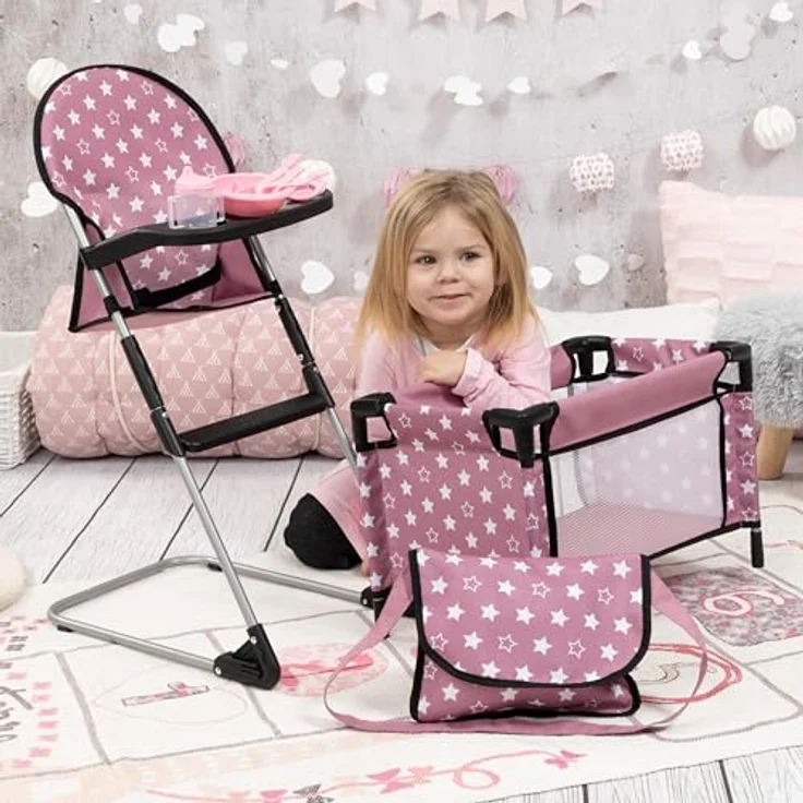 Bayer Design 61776AB Puppenmöbelset, Puppenhochstuhl mit Esstablett, Puppenbett, Tasche und Zubehör, Spielset für Rollenspiele ab 3 Jahren – Bild 5