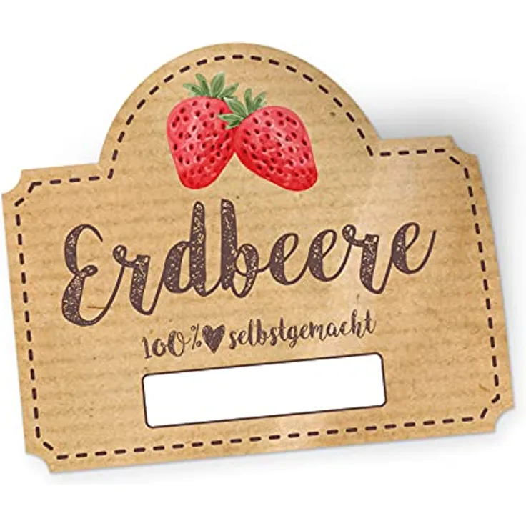 itenga 50x Erdbeere Marmeladen Etikett, selbstklebende Aufkleber aus hochwertigem Papier, 4,5x3,8cm, 100% selbstgemacht, braun