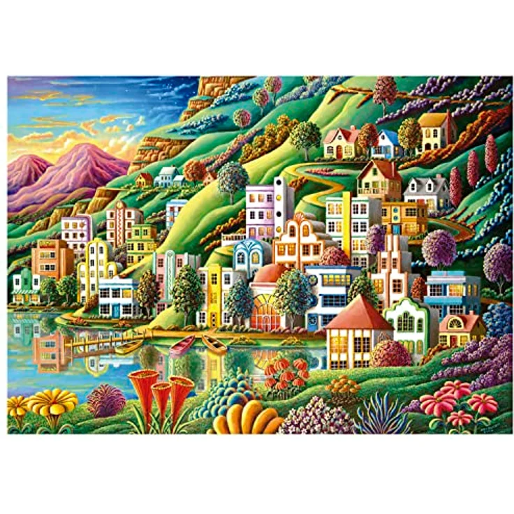 Educa Puzzle 500 Teile "Buntes Dorf am See", hochwertige Landschaftsillustration für Erwachsene und Kinder ab 11 Jahren, 48 x 34 cm – Bild 2
