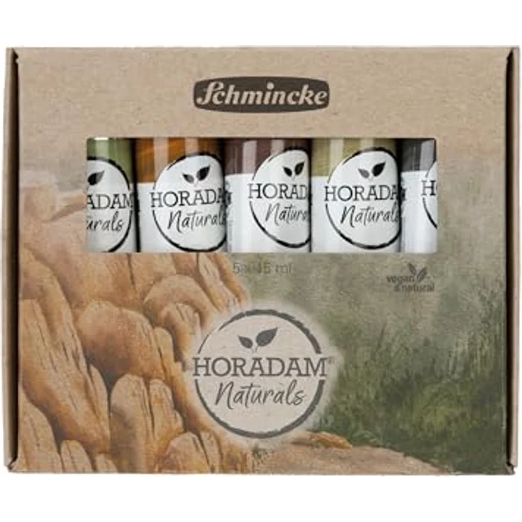 Schmincke Horadam Naturals, Themenset Mineralische Wasserfarben, 5 x 15 ml Tuben, vegane Farben mit natürlichen Erdpigmenten, Verbindung Aquarell und Gouache, incl. Celadonit, Gelbocker, Lalvarit Violett, Kaukasische Erde, Grüner Schiefer – Bild 1