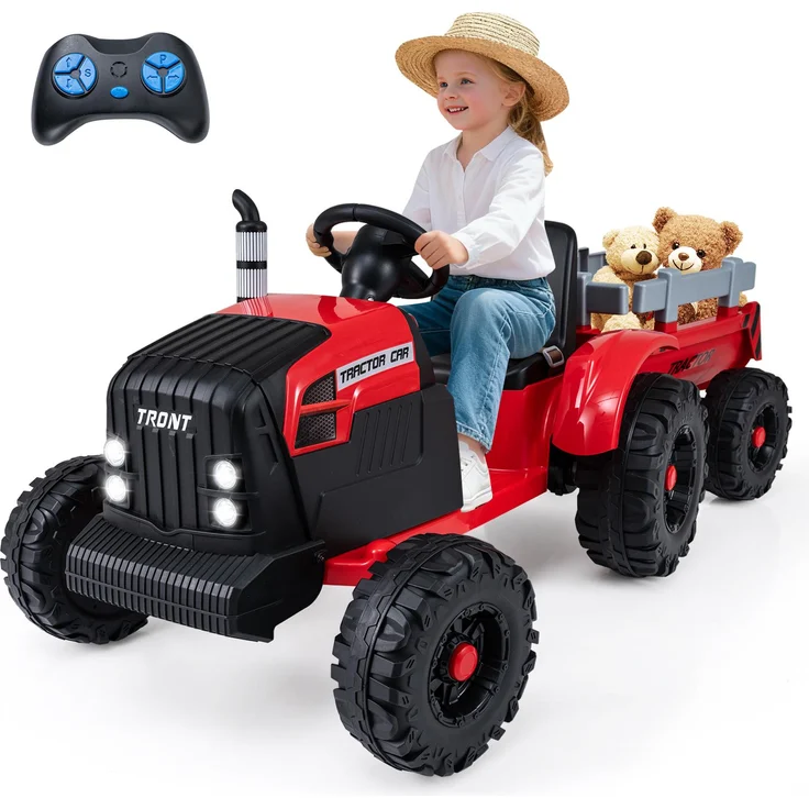 Costway Elektro Traktor mit Anhänger, 24V Aufsitztraktor mit Fernbedienung, Musik, Sanft-Start, LED, rot, für Kinder 3-8 Jahre