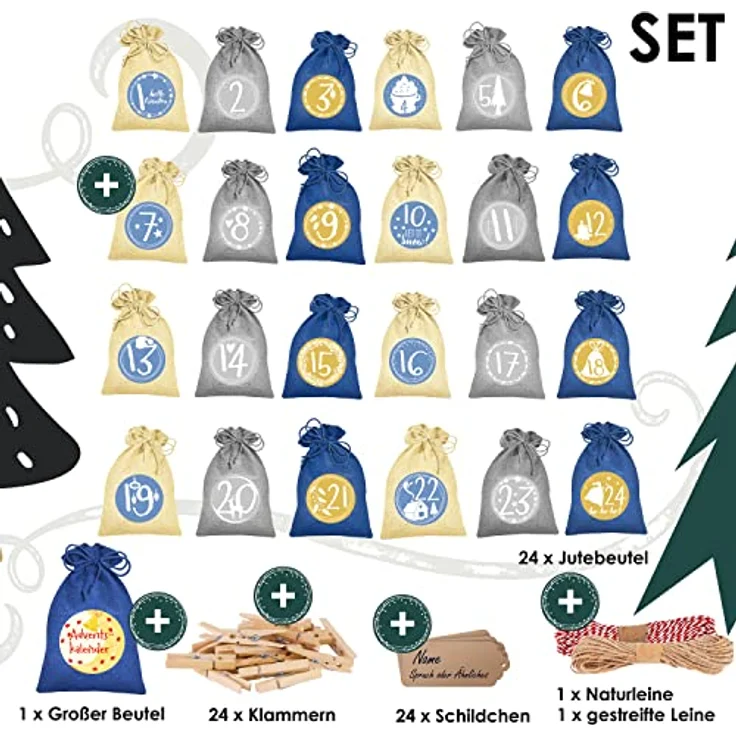 KESSER® Adventskalender zum Befüllen 24 Jutebeutel Gedruckte Stoffbeutel Kinder Weihnachtskalender zum Selber Befüllen Inkl. 24x Schildchen + 1 Großer Aufbewahrungsbeutel Stoff Blau, 16x12cm – Bild 3