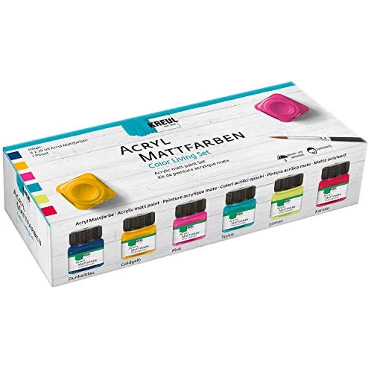 KREUL 75601 Acryl Mattfarben Color Living Set, 6 leuchtend matte Farben in dunkelblau, goldgelb, pink, türkis, lemon und karmin, schnelltrocknend, wasserbasis, inkl. Pinsel – Bild 1
