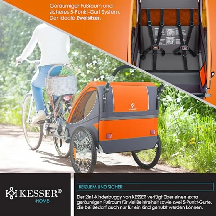 KESSER® Kinderanhänger 2in1 Fahrradanhänger mit 360° Drehfunktion, Federung, 5-Punkt Gurt für 1-2 Kinder bis 40kg, inkl. Warnfahne, Orange – Bild 5