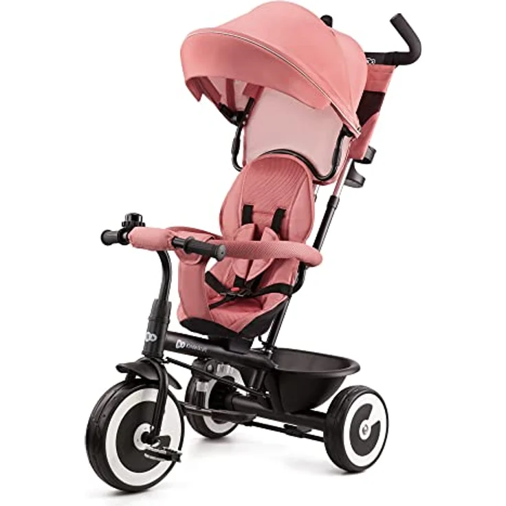kk Kinderkraft ASTON Dreirad ab 9 Monate bis 25 kg, Kinderdreirad mit schubstange, drehbarer Sitz Vorwärts und Rückwärtsfahrt, ausklappbarem Verdeck mit sonnenschutz, Getränkehalter korb im set, Rosa – Bild 1