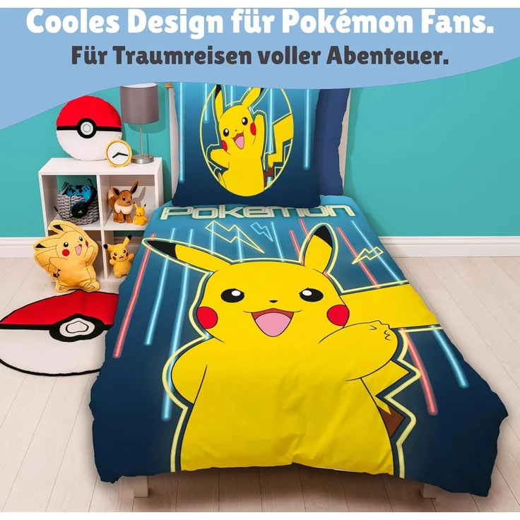 Pokemon Bettwäsche für Kinder mit Pikachu 135x200 80x80 cm Motiv Glow aus 100% Baumwolle – Bild 3
