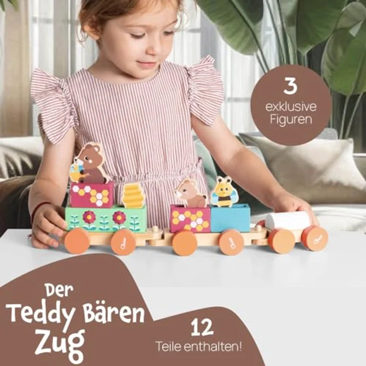 Chicco Teddys Zug - My Wood Friends, Holzeisenbahn mit bunten Bausteinen und 4 Figuren, ab 2 Jahren, FSC®-zertifiziertes Holz – Bild 2
