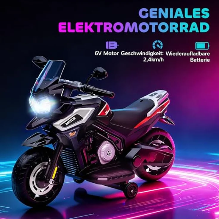 AIYAPLAY Elektro Motorrad Kinder, 6V Kindermotorrad mit 2 Hilfsrädern, Soft-Start, Beleuchtung, Musik, bis zu 2,4 km/h, schwarz – Bild 3