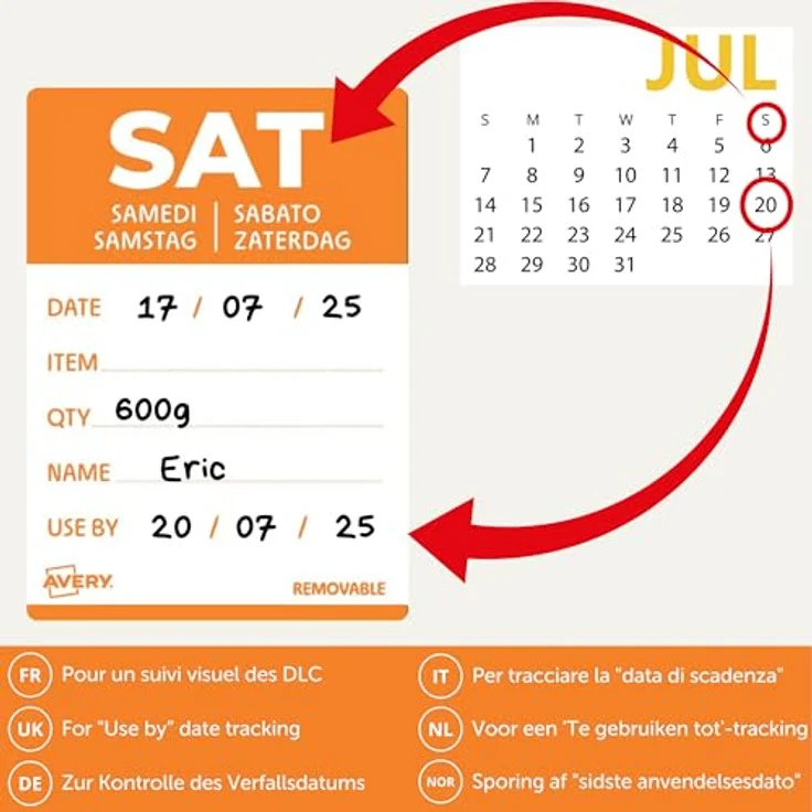 AVERY Zweckform ablösbare Lebensmittel-Tagesetiketten Samstag, orange, 40 x 56 mm, 500 Aufkleber auf Rolle, 5-sprachig, HACCP-konform – Bild 3