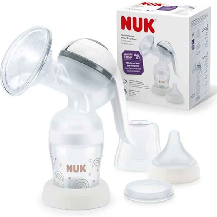 NUK Handmilchpumpe | Ergonomischer Pumphebel | Weiches Silikonkissen | Inklusive Perfect Match Babyflasche | 150 ml