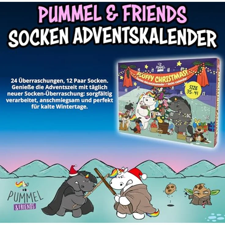United Labels Pummel & Friends Pummeleinhorn Adventskalender mit 12 Paar Socken für Damen, Größe 35-41, inklusive Sneakersocken und langen Socken, offizielles Merchandise – Bild 2