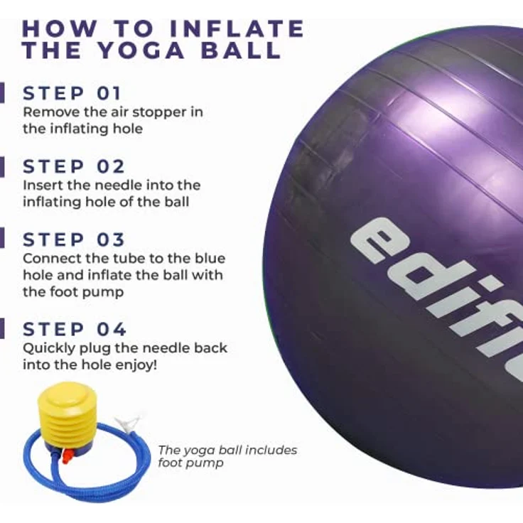 EDIFIT, Yoga Zubehör, Pilates Ball, Gymnastikball Pilatesball, 65cm, 55cm, 75cm, Schwarz, Rosa, Blau, Violett (55cm, Lila) – Bild 2
