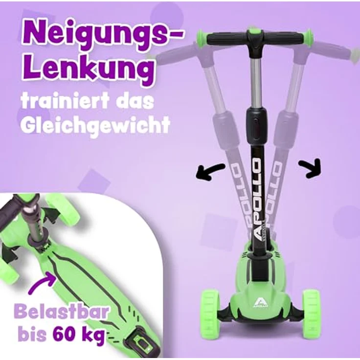 Apollo Kinderscooter KidsPro4 LED Roller -Grün, höhenverstellbar, mit leuchtenden LED-Rollen, belastbar bis 60 kg – Bild 3