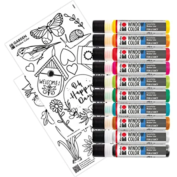 Marabu Window Color Garden, 10 x 25 ml transparente Fenstermalfarbe auf Wasserbasis, ablösbar, 20 Motive auf DIN A4 – Bild 2