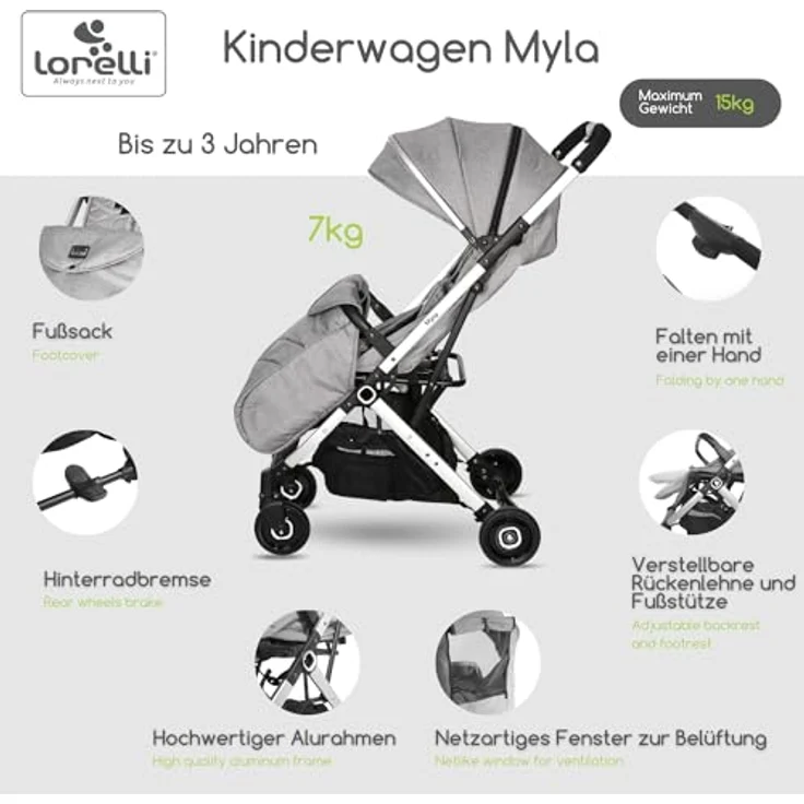 Lorelli Kinder-Buggy Kinderwagen Myla, Aluminiumrahmen klappbar mit zusätzlichem Griff, schwarz – Bild 2