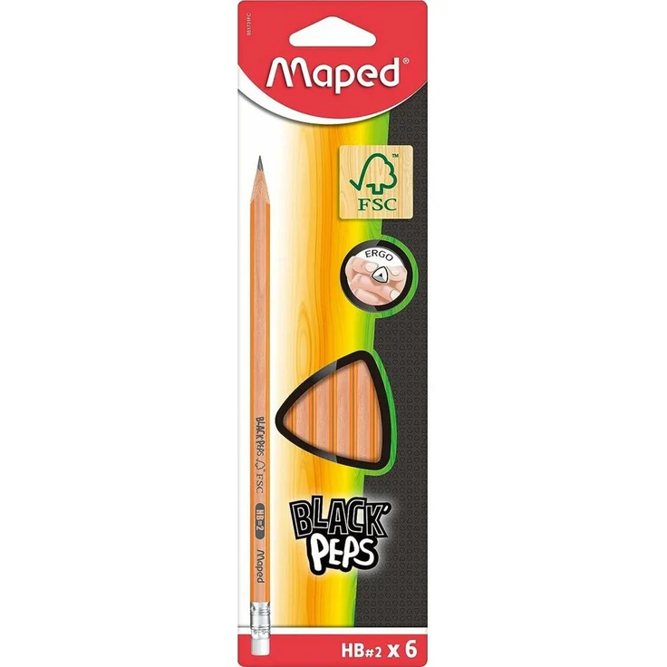 MAPED BLACK'PEPS Bleistifte HB, ergonomische Dreikantform, FSC-zertifiziert, 6 Stück mit Radierer