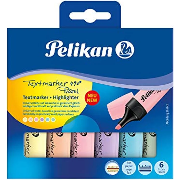 Pelikan 817325 Textmarker 490® Pastell, farbig sortiert, 6 Stück im Etui, Universaltinte auf Wasserbasis, Spezialspitze, komfortable Griffmulde, Twist-Off-Kappe – Bild 1