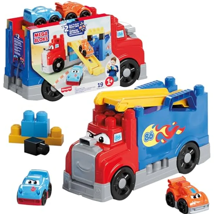 MEGA BLOKS Fast Tracks Rennwagen-Transporter, Bausteinset für Kleinkinder mit 19 Teilen, 2 Rennautos, Aufbewahrung, rot, ab 1 Jahr, JFR29