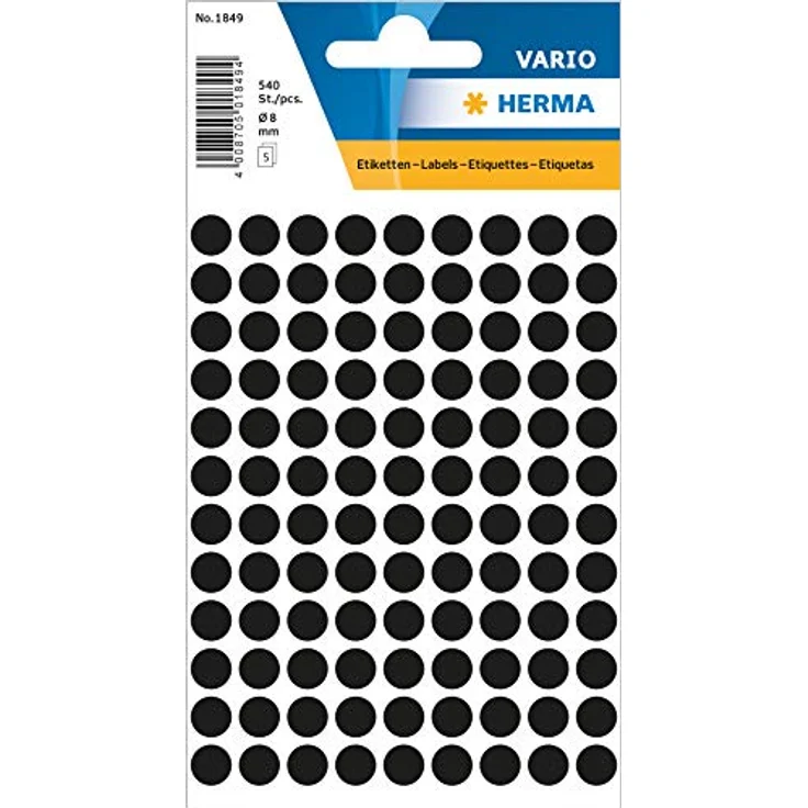HERMA 1849 Punktaufkleber Klebepunkte schwarz, 5 Blatt, Ø 8 mm, 108 Stück pro Bogen, 540 Aufkleber, selbstklebend, Markierungspunkte zum Beschriften, matt, blanko Farbpunkte aus Papier – Bild 1