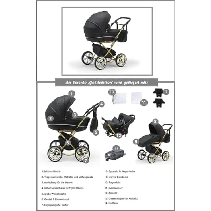 Elcar Klassischer Kinderwagen Sorento Gold 5 in 1 inkl. Sportsitz, Autositz und Iso Base in 19 Farben – Bild 5