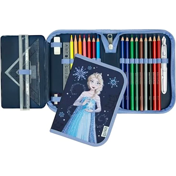 Scooli Gefülltes Schüleretui Frozen, Federmäppchen mit 14 Buntstiften, 2 Bleistiften und Zubehör, ergonomisch geformt, robust und langlebig, ideal für Schule und Freizeit, ab 6 Jahren – Bild 2