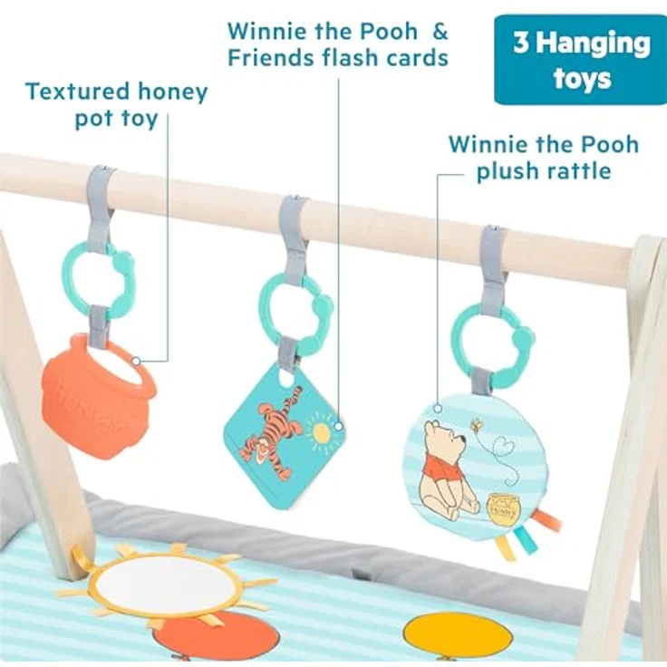 Bright Starts Disney Winnie PUUH Once Upon a Tummy Time Baby Aktivitätenmatte mit Holz-Spielzeugstange, Blau, für Neugeborene – Bild 4