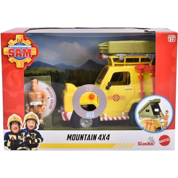 Simba Feuerwehrmann Sam Geländewagen mit Dachzelt, ausklappbar, 16 cm, Figur, Licht, Seilwinde, Zubehör, ab 3 Jahren