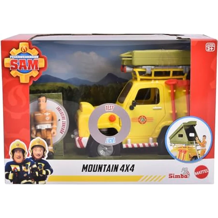 Simba Feuerwehrmann Sam Geländewagen mit Dachzelt, ausklappbar, 16 cm, Figur, Licht, Seilwinde, Zubehör, ab 3 Jahren – Bild 1