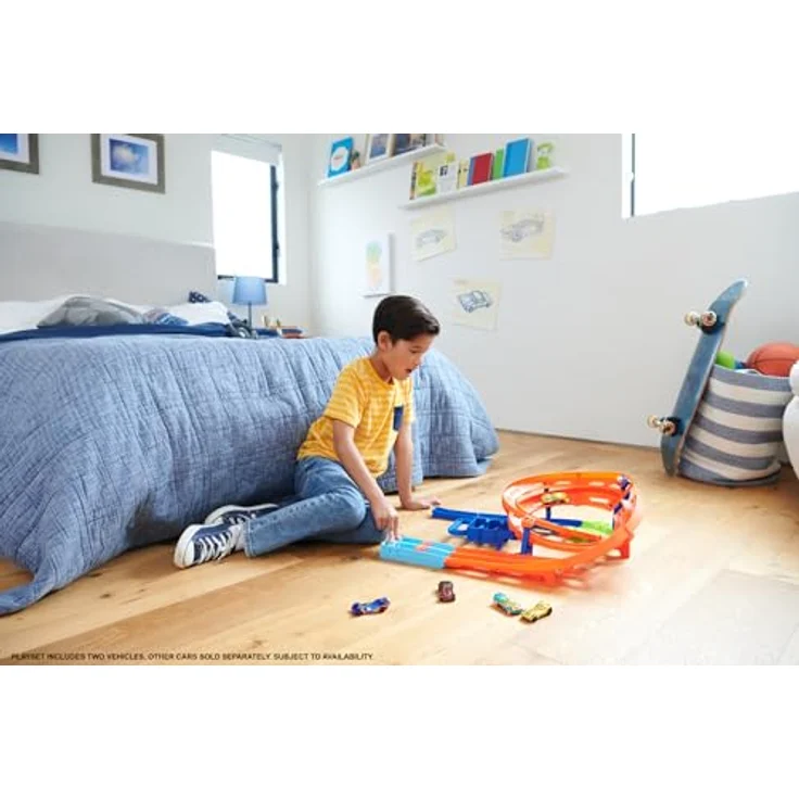Hot Wheels Steilkurven-Rennstrecke, Trackset mit 2 Fahrzeugen im Maßstab 1:64, einfache Aufbewahrung, Modell HTK17 – Bild 2