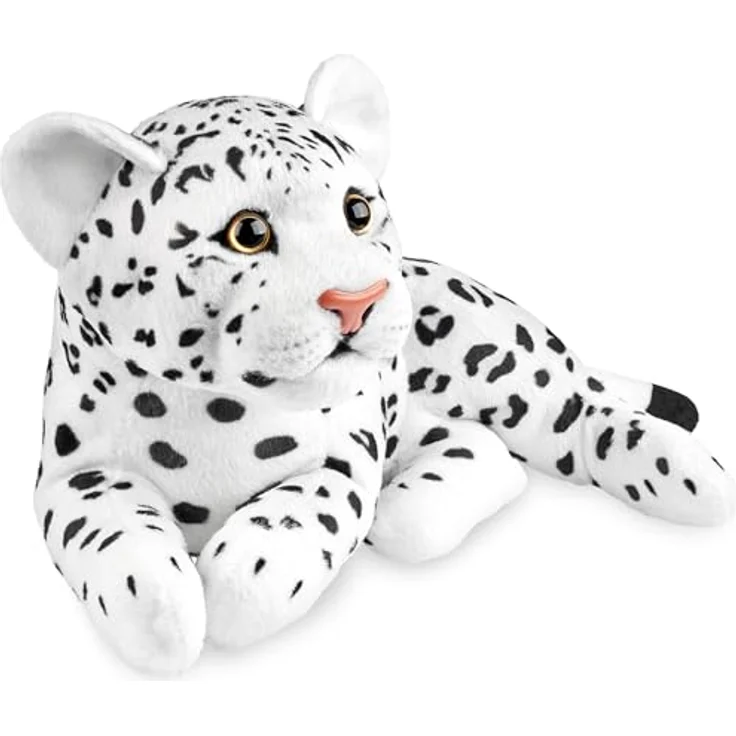 BRUBAKER Leopard Kuscheltier - 30 cm Stofftier - Baby Plüschtier Raubkatze Liegend - Kinder Plüsch Spielzeug - Weiß – Bild 4