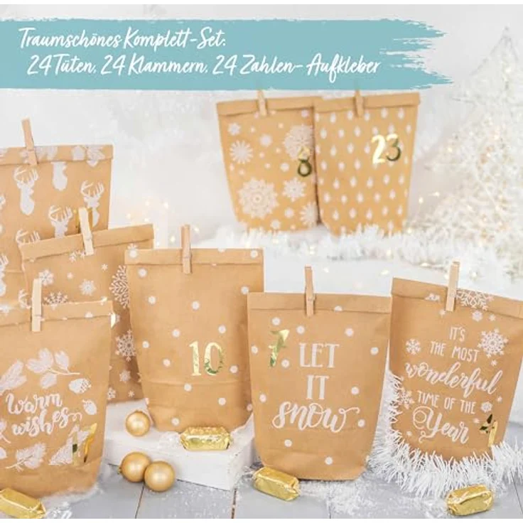 Papierdrachen Adventskalender 2025, DIY Befüllbarer Weihnachten Kalender mit 24 bedruckten Kraftpapiertüten, Motiv Cozy Winter weiß, inkl. Zahlenaufklebern & Klammern, wiederverwendbar – Bild 5