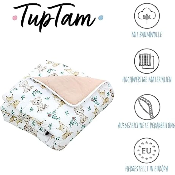 TupTam Krabbeldecke für Baby 120x120 cm - Gepolsterte Baumwollspieldecke OEKO-TEX, weich & hautfreundlich, Farbe: Rehlein/Bären/Beige – Bild 2