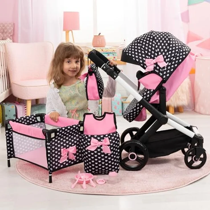 Bayer Design 17060AB Puppenwagen Xeo, Verstellbarer Griff, Schwenkschieber, Jogger, Schlafsack, Zubehör, Schwarz, Rosa – Bild 5