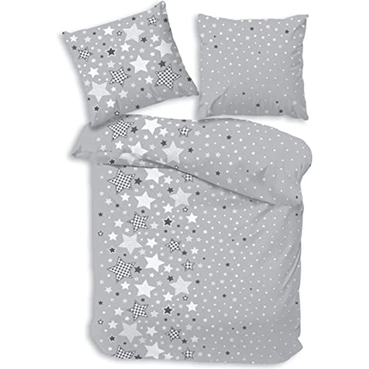 MTOnlinehandel Biber Bettwäsche 135x200 Sterne-Motiv, Teenager-Bettwäsche, Kinder-Bettwäsche für Mädchen und Jungen, Kissenbezug 80x80 + Bettbezug 135x200 cm - 100% Baumwolle Winter warm – Bild 1