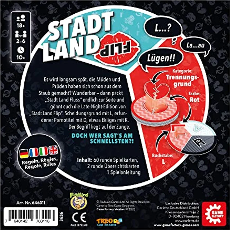 Game Factory 646311 Stadt Land Flip Late Night, das superschnelle Wortspiel für Erwachsene, für 2-6 Spieler ab 18 Jahren, Reisespiel in der praktischen Kartonbox – Bild 4
