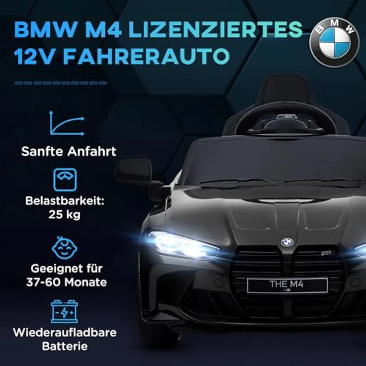 AIYAPLAY Elektro-Kinderauto 12V mit 2,4G-Fernbedienung, MP3, USB, LED-Lichte, Hupe, 25 kg Belastbarkeit, Schwarz – Bild 3