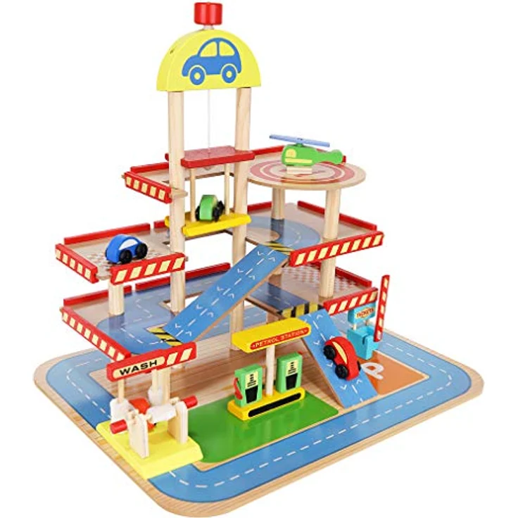 KRUZZEL Parkhaus 3-Ebene Auto Garage aus Holz für Kinder ab 3 Jahren, inklusive 4 Autos und Hubschrauber, mit Autowaschanlage und Tankstelle, Maße 40x50,5x46,5 cm – Bild 3