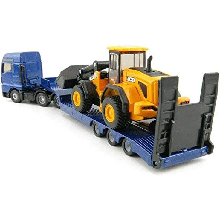 Siku 1790, MAN-LKW mit Tieflader und JCB Radlader, 1:87, Metall/Kunststoff, Blau/Gelb, Klappbare Auffahrrampe, Beweglicher Ladearm – Bild 5