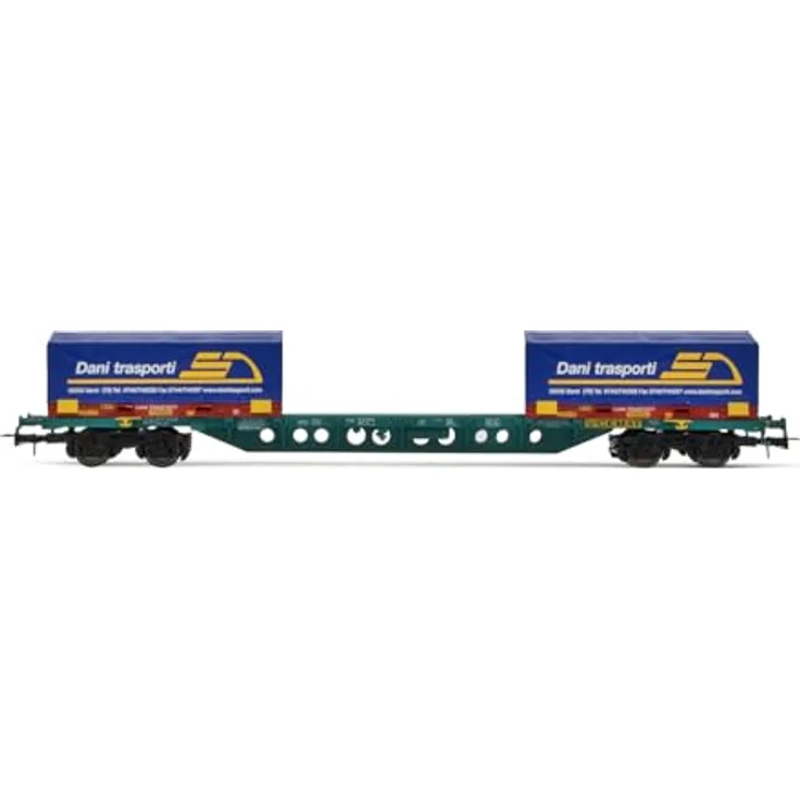 Rivarossi FS CEMAT Containerwagen Typ Sgns, grün lackiert, mit 2 x 20-Fuß-Coil-Container „Dani Trasporti“, Epoche V–VI, Maßstab 1:87, Spur H0, Eisenbahnfahrzeug-Wagen